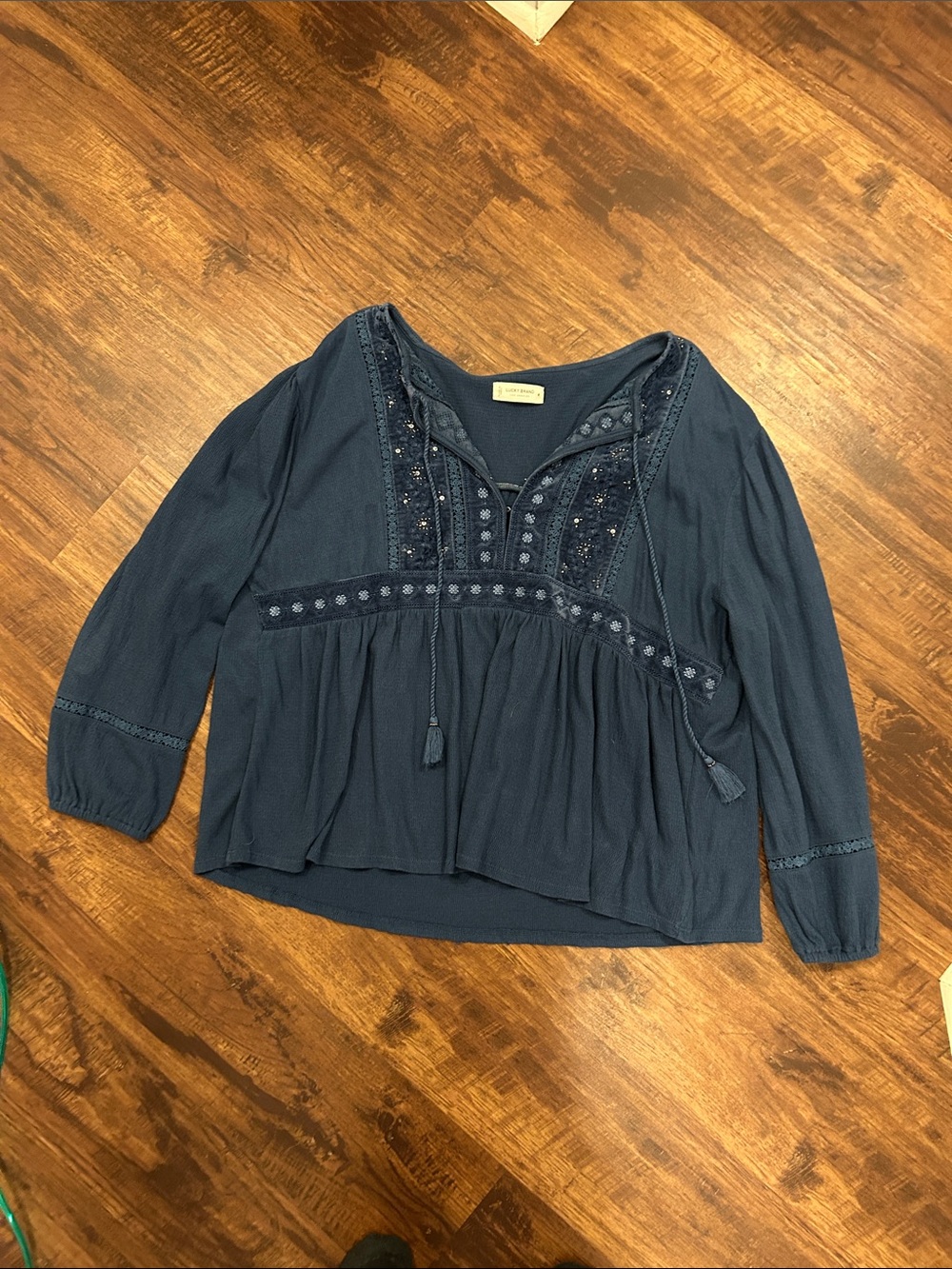 Lucky Brand Navy Embroidered V-Neck Tunic